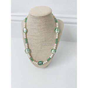 NWT Genuine Murano Glass & Pearls Necklace Green White Beaded